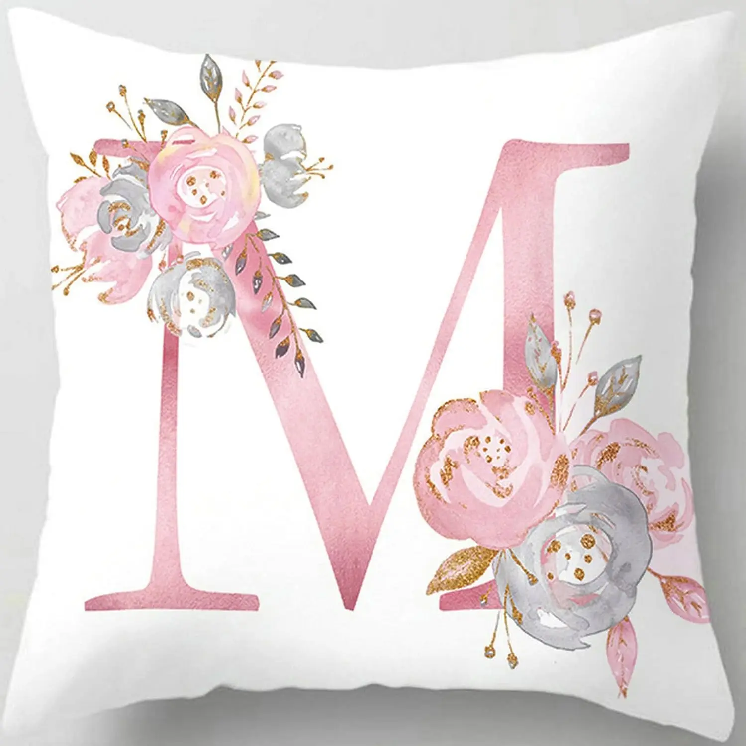 Decorative Initial Pillow Cover Floral Print Monogram Accent Throw Cushion Pink Letter Typography for Bedroom Living Room Home D