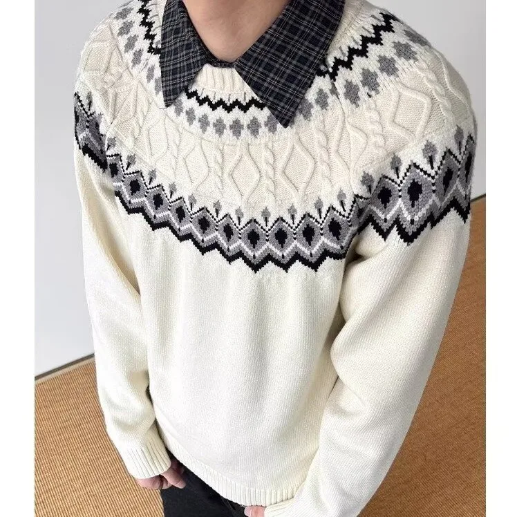 

Retro American Plaid Splicing Knitted Sweater Men's Autumn Winter Faion Brand Haome High-End round Ne Cable Knitwear