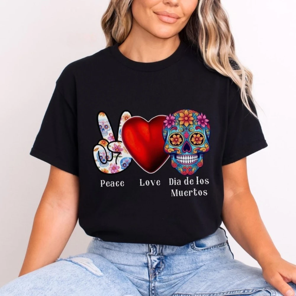 

Peace Love Dia De Los Muertos T-Shirt Day of The Dead Shirt Halloween Gift Honor The Dead Tshirt Sugar Skull Boho Mexico Women T
