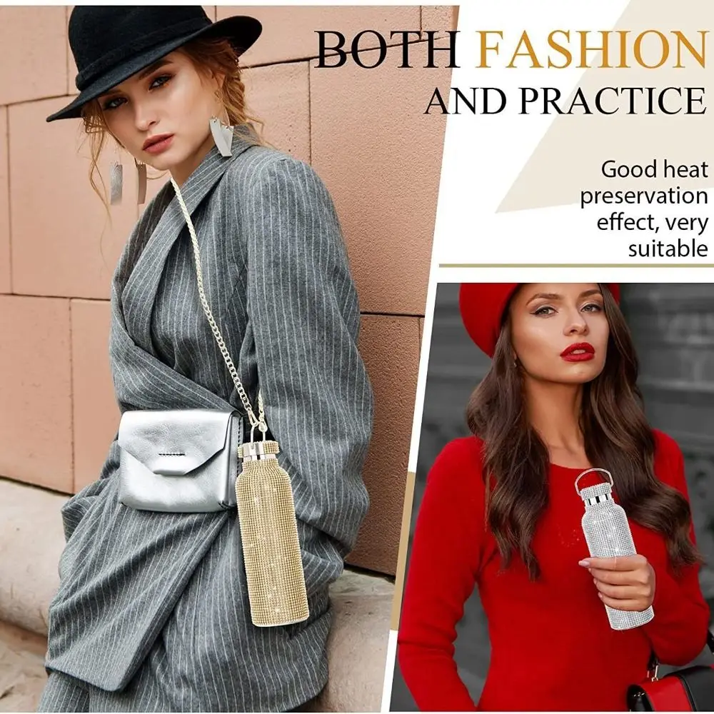 Thermal Rhinestone Water Bottle Stainless Steel Refillable Glitter Tumbler Removable Carrying Strap Leak-Proof