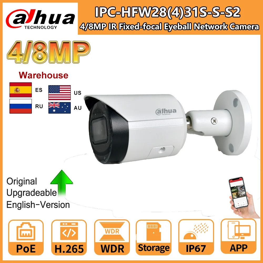 

Dahua 8MP Security Camera Bullet 4K IPC-HFW2831S-S-S2 4MP IPC-HFW2431S-S-S2 PoE IR SD Card Slot Starlight Video Surveillance