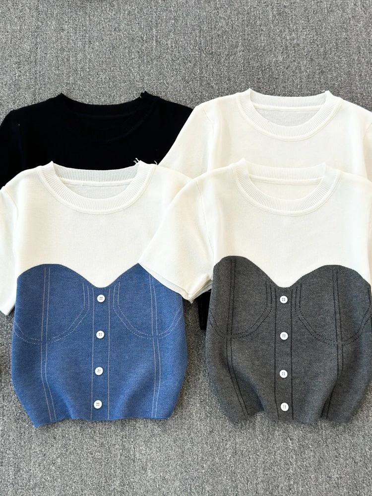 

Лето 2023, новая корейская дизайнерская футболка ort Sve, цветная футболка Blo Fake, двухсекционный ор, вязаный топ, женский модный комбинезон для поездок на работу