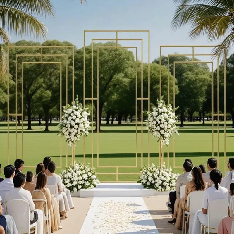 

Personalization Square Gold Wedding Arch Backdrop Stand, Outdoor Ceremony Decor Iron Frame, Party Stage Screen Flower Shelf