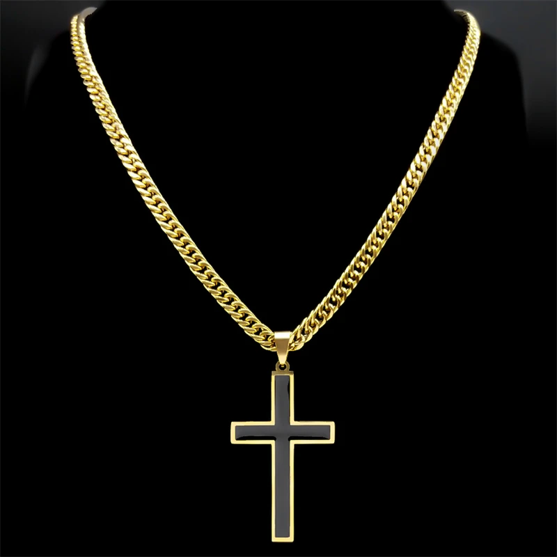 Punk Hip Hop Black Cross Pendant Necklace for Women Men Stainless Steel Gold Color Male Jesus Christ Chain Jewelry colar N8236S0
