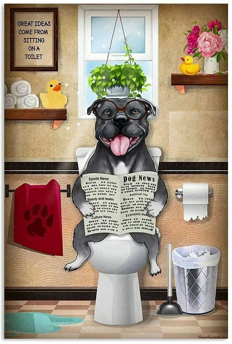 Pozino Pitbull Dog is Reading Newspaper in Toilet Tin Sign Street Garage Bedroom Cafe Bar Bathroom Door Wall Decoration Metal