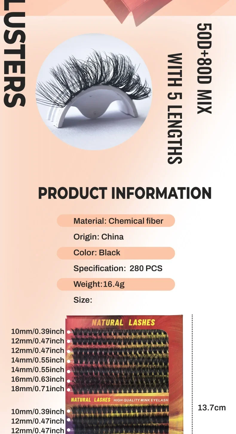 Clusters de cils 280 pièces Cluster cils 50d/80d Extensions de cils aspect naturel cils D Curl moelleux Cluster bricolage Extension de cils