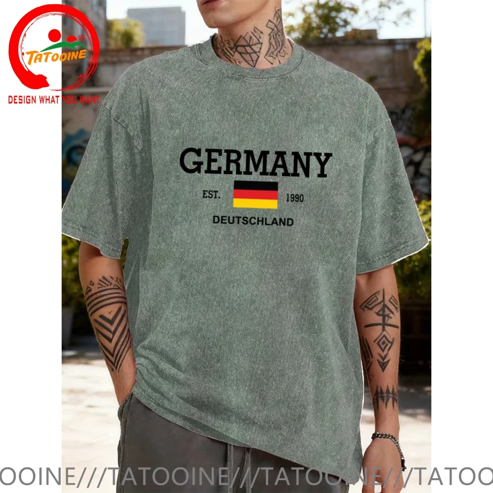Vintage Washed Cotton T-Shirt Funny Designer German Deutschland Est. 1990 T Shirt Men Fashion Trendy Casual Clothing Stylish Top