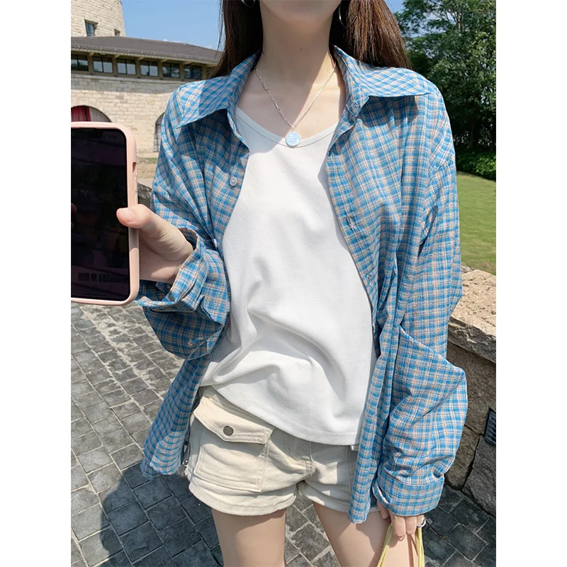 

plus Size 300 Pounds Women's Plaid Shirt Spring Autumn Loose Fit Design Sensation Trendy Outerwear for plus Size Women