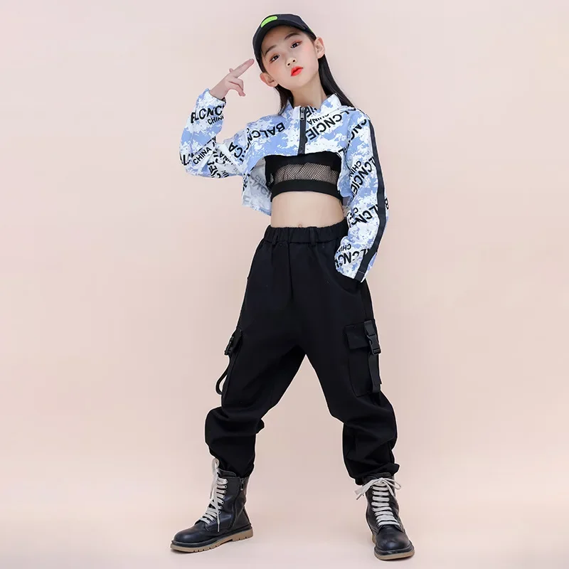 Hip Hop Girls Contrast Crop Top Cargo Pants Child Jazz Streetwear Sweatshirt Kids Street Dance Cheerleader Clothes Set