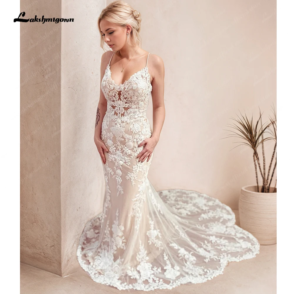 Sexy Meerjungfrauen-Brautkleider mit Spaghettiträgern in Champagnerfarbe, Spitzenkleid, Vestido De Noiva Sereia, Hochzeitskleider – Detail 5