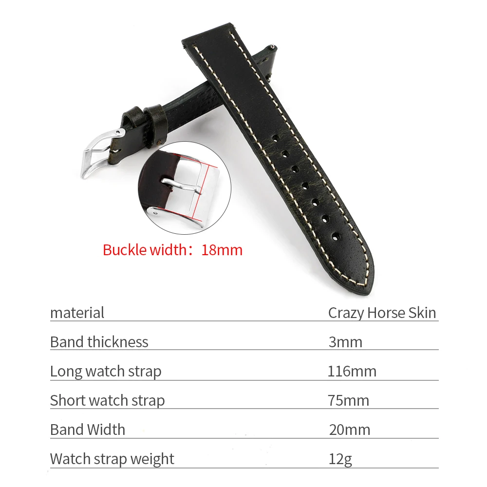 Genuine  Leather Watchband High Quality Bracelet Watch Band 16mm 18mm 20mm 22mm Oil Wax Crazy Horse Quick Release Watch Strap