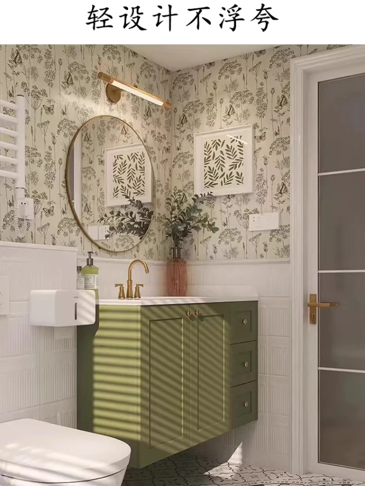 

French retro bathroom cabinet combination avocado green ceramic basin toilet sink basin cabinet