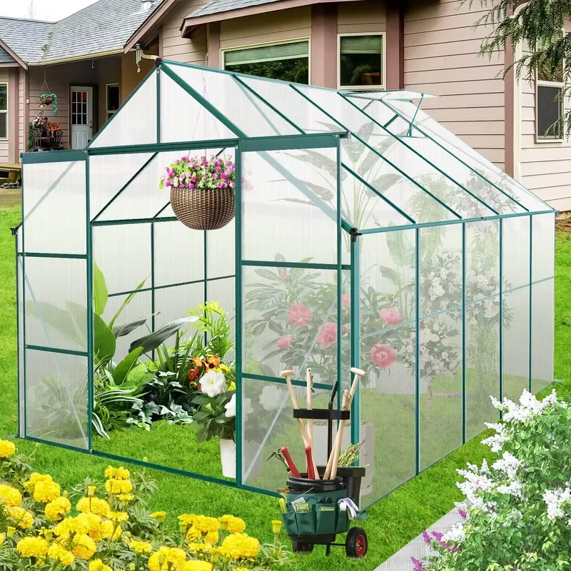 8x10FT Heavy Duty All Season Walk-in Greenhouse for Universal Use Double Door Polycarbonate Raised Base Aluminum Anchor Green