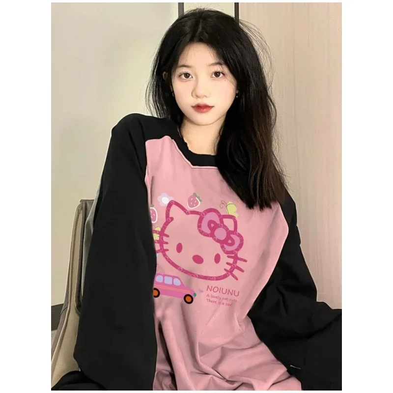 Sanrios Anime Kawaii Hellokittys Autumn Cute Cartoon Loose Fitting Age Reduction College Style Long Sleeved T-shirt Jacket