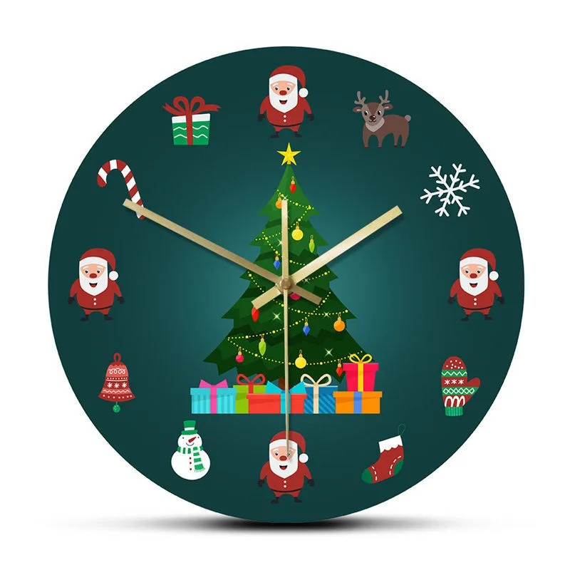 Merry Christmas Wall Clock Festive Christmas Tree Jingle Bell Gifts Acrylic Silent Quartz Watch Home Living Room Holiday Decor