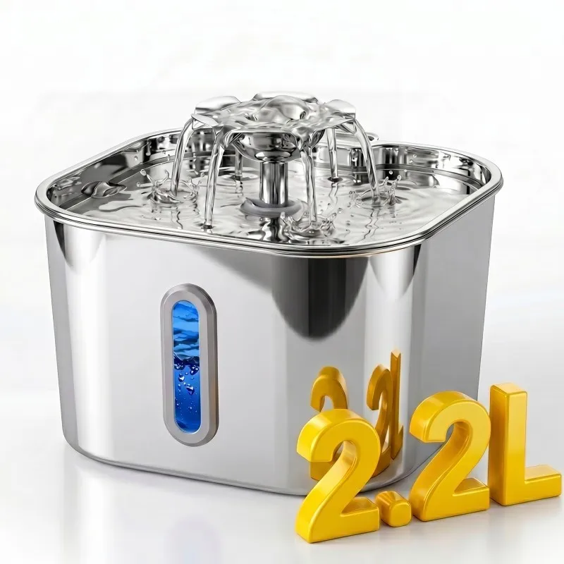 2.2L Stainless Steel Automatic Cat Water Fountain Silent Circulation Pump Visual Window Filter Pet Water Dispenser