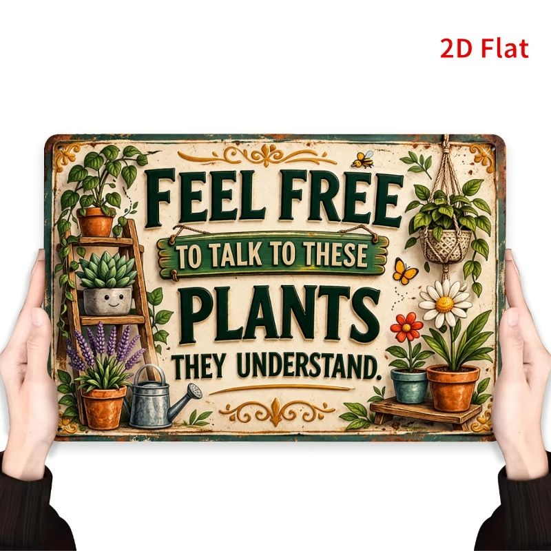 2D Flat, Decorative Sign 2D Flat - [2Dflat] 1pc 30X20Cm- Vintage Feel Free to Talk to These Plants Metal Tin Sign, Funny Housepl
