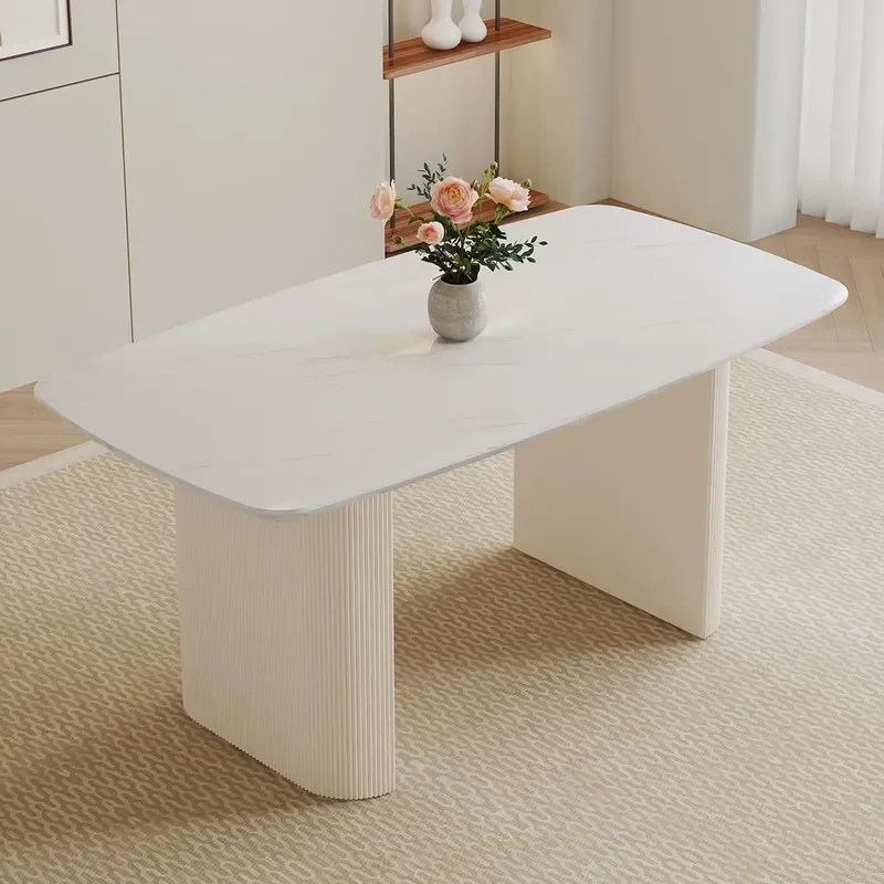 White Dining Table 67 Modern Oval Dining Table for 4-8 People White Tabletop with Cream Ripple Legs Suitable for Dinning Room