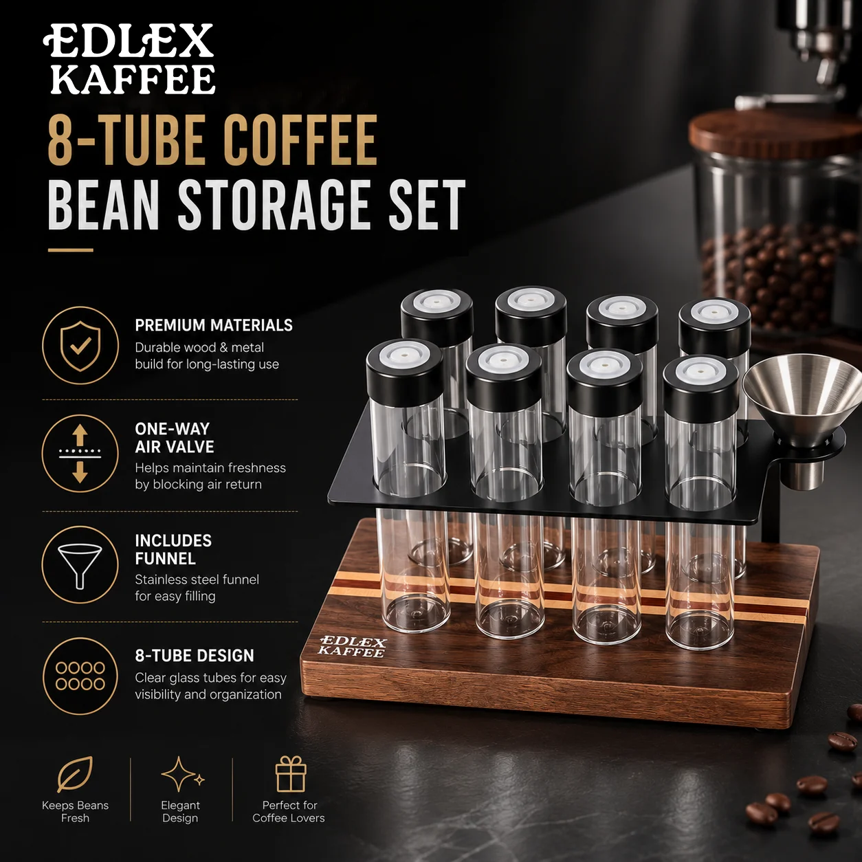 Recipientes de Vidrio Sellados para Almacenamiento de Granos de Café, 12 Tubos, 22g, Válvula de Aroma para Dosis Individual, con Soporte de Madera para Almacenamiento de Granos de Café