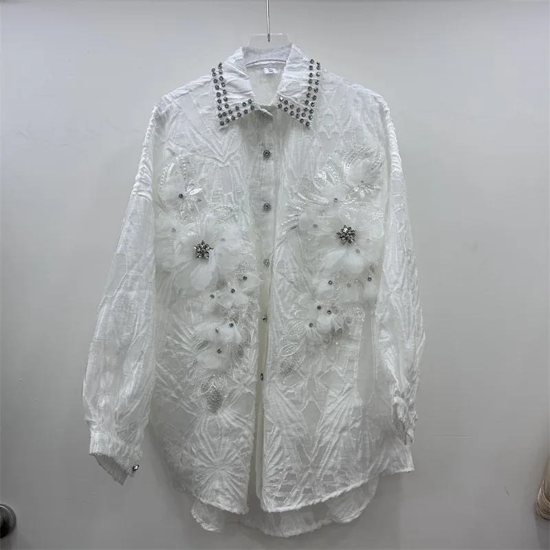 Age Reduction Pink Female Blouses 2026 New Spring Summer Diamonds Flowers Beading Loose Cardigans Top Lantern Sleeve Shirts