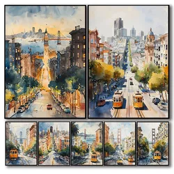 America San Francisco Watercolor Painting Golden Gate Bridge Travel Poster California Canvas Wall Art Bedroom Home Decoration