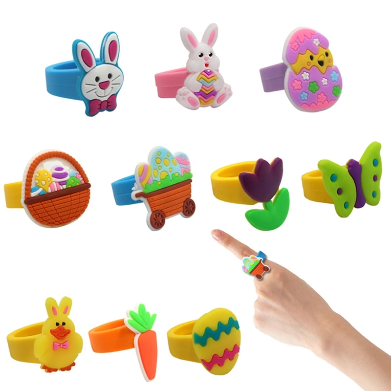 Anillos de huevo de Pascua de conejito de dibujos animados, juguetes para niños, anillo, regalos de fiesta de Pascua, suministro de decoración de Pascua para niños, regalos, rellenos de bolsas de regalos, 6/12 Uds.