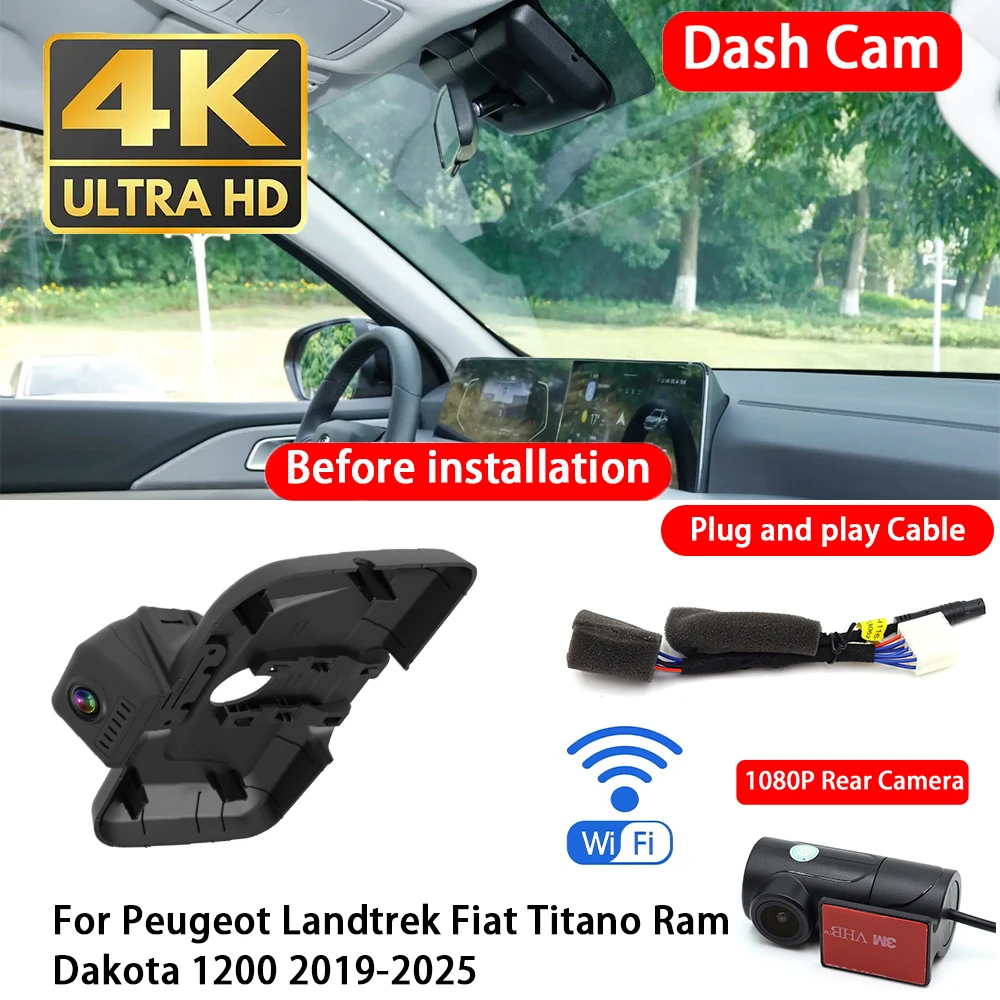 for Peugeot Landtrek Fiat Titano Ram Dakota 1200 2019-2025 4K Dash Cam Front Rear Car Camera DVR Wifi Plug & Play Video Recorder