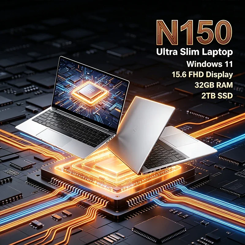 15.6 120Hz FHD IPS Laptop Intel N150 32GB Large RAM 2TB High Speed SSD Backlit Keyboard Long Lasting Battery Notebook