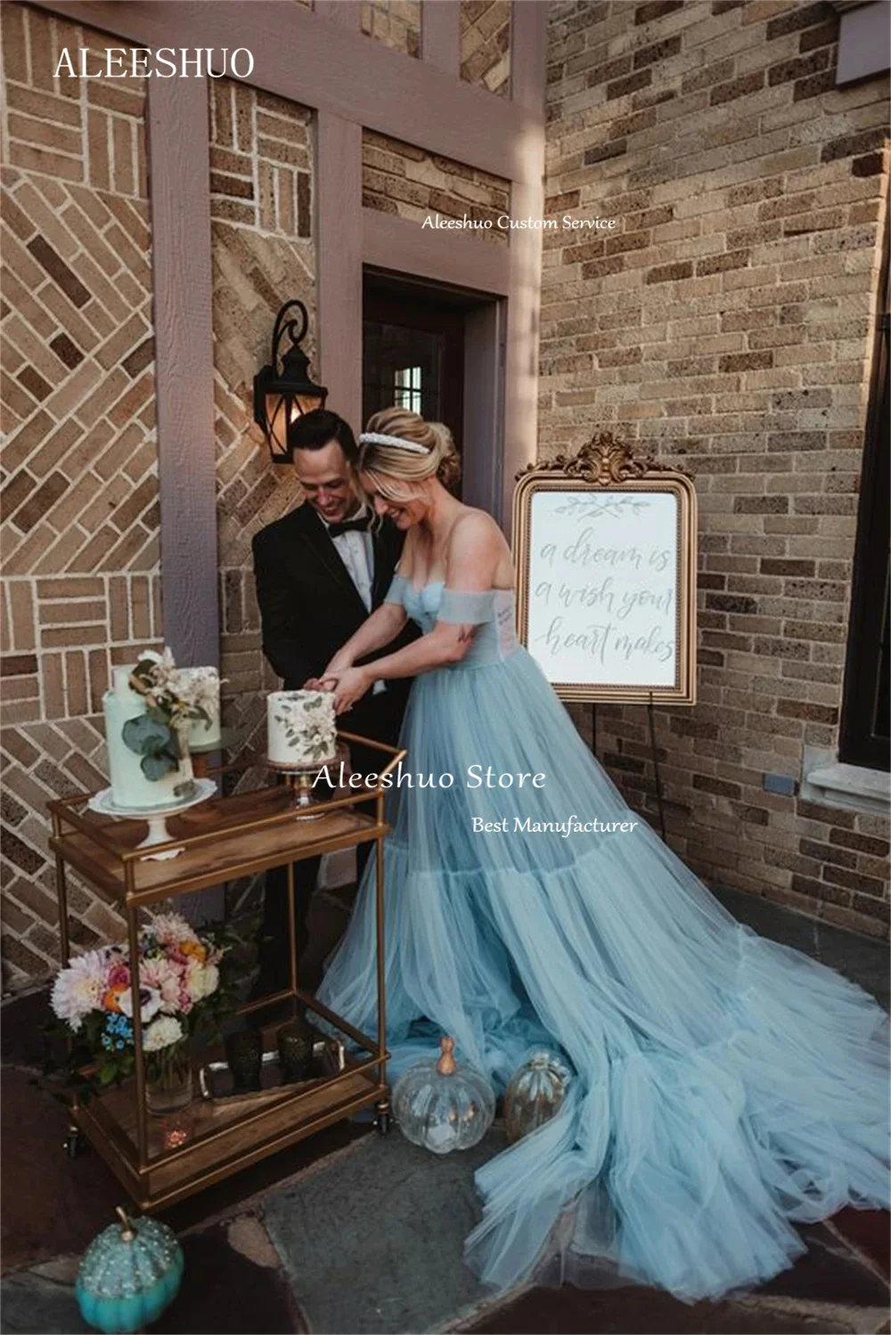 Aleeshuo Mist Blue Tulle Prom Dress A-line Elegant Off Shoulder فساتين السهرة Sleeveless Plus Size vestido de festa noite