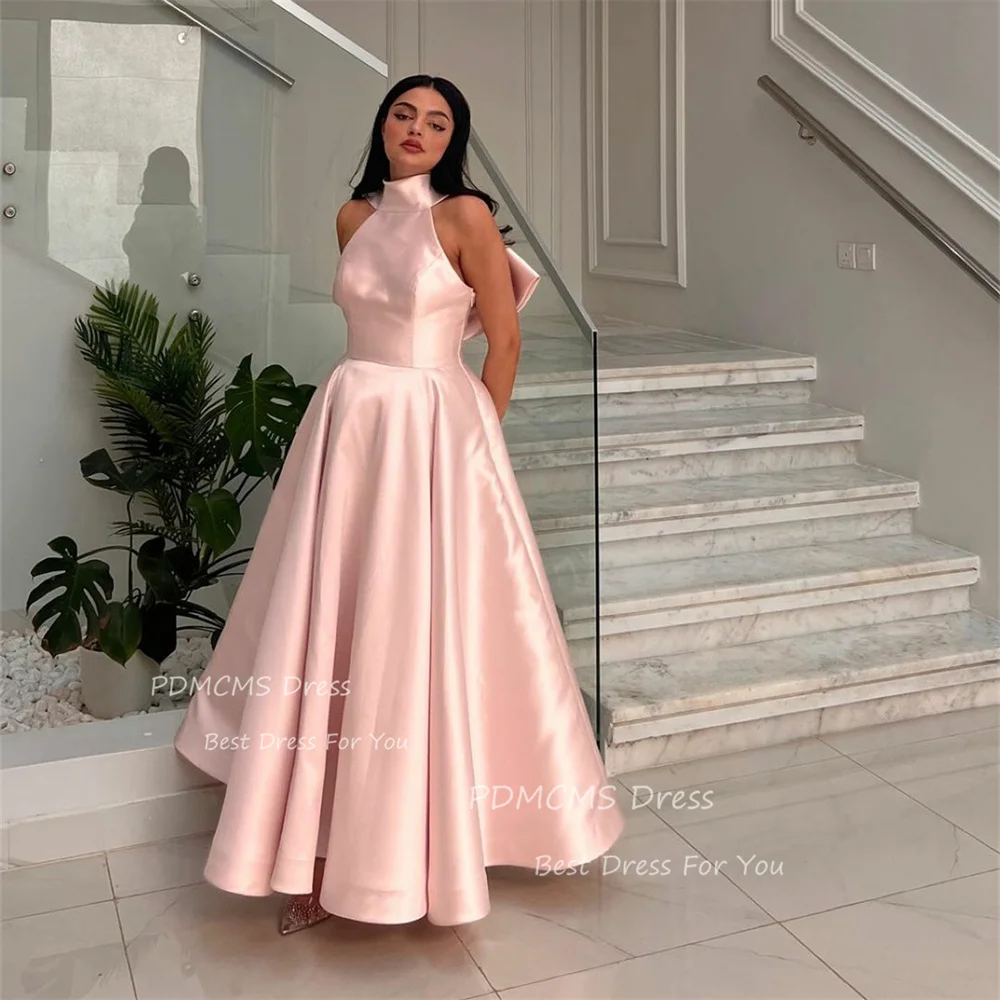 

Elegant Light Rose Pink Short Halter Satin Pink Evening Dresses Sexy Ankle Length A Line Formal Party Dress for Women Vestidos