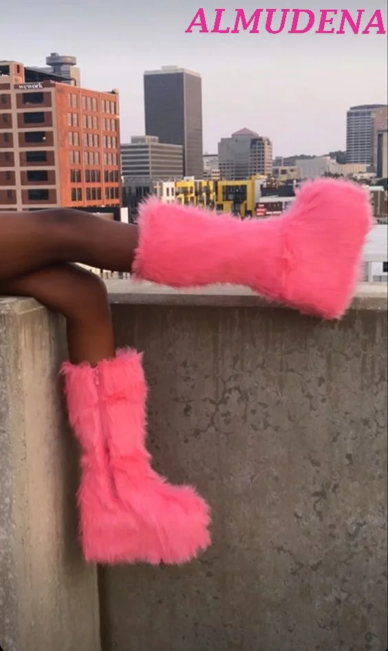 Women Pink Platform Fur Wedge Heeled Knee High Boots Plus Size Zipper Round Toe Furry Tall Boot Sexy Lolita Dress Shoes on Offer