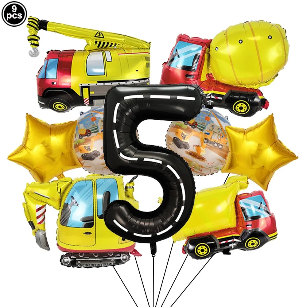 1set Construction Cartoon Excavator Crane Vehicle Balloon with Number Balloon for Boy's Construction Themed Birthday Party Decor