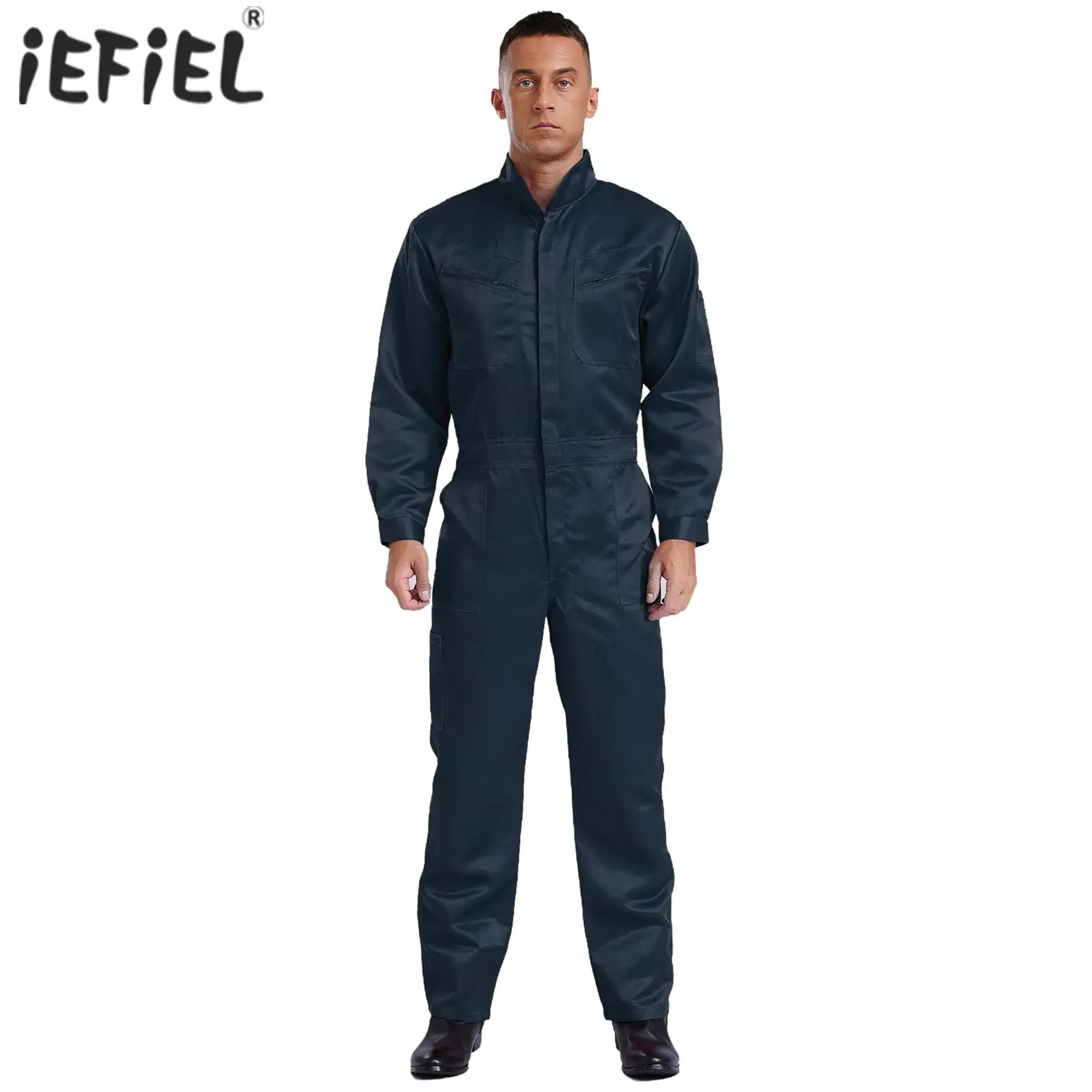 Mens Work Overalls Bodysuit Stand Collar Long Sleeve Front Zip Multiple Pockets Coveralls Jumpsuit Uniforms for Factory Workers