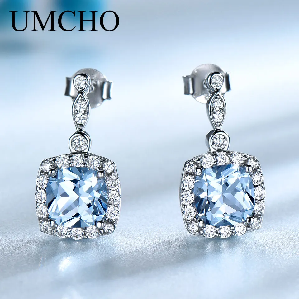 Nano Sky Blue Earring 7*7mm Cushion Stud Earring for Women Silver 925 Earrings Jewelry 2024