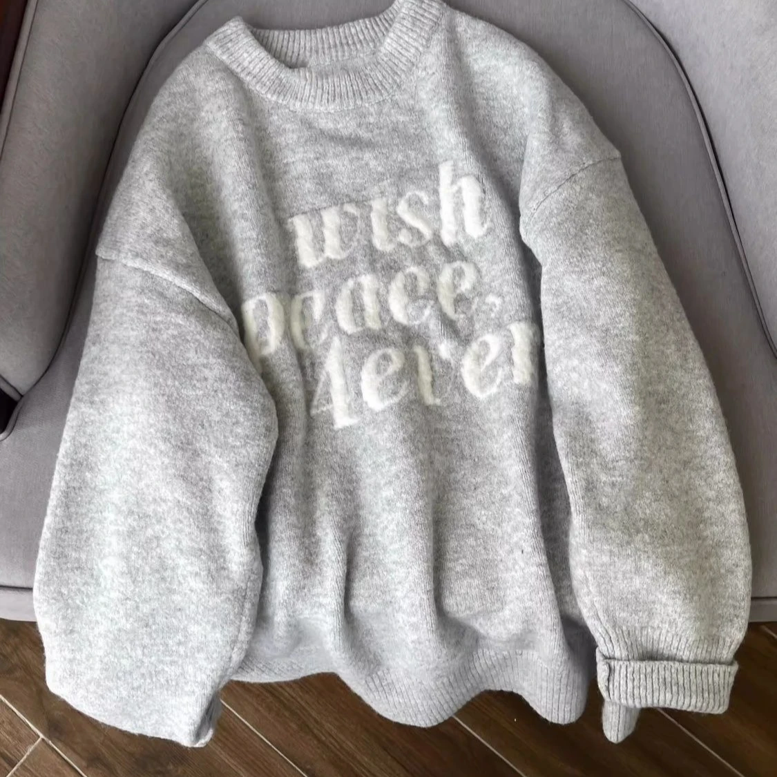 

Women Retro Letter Jacquard Sweater Soft Loose Lazy Style Knitting Warm Top Fashion American Gray Print O-Neck Sweater Pullovers