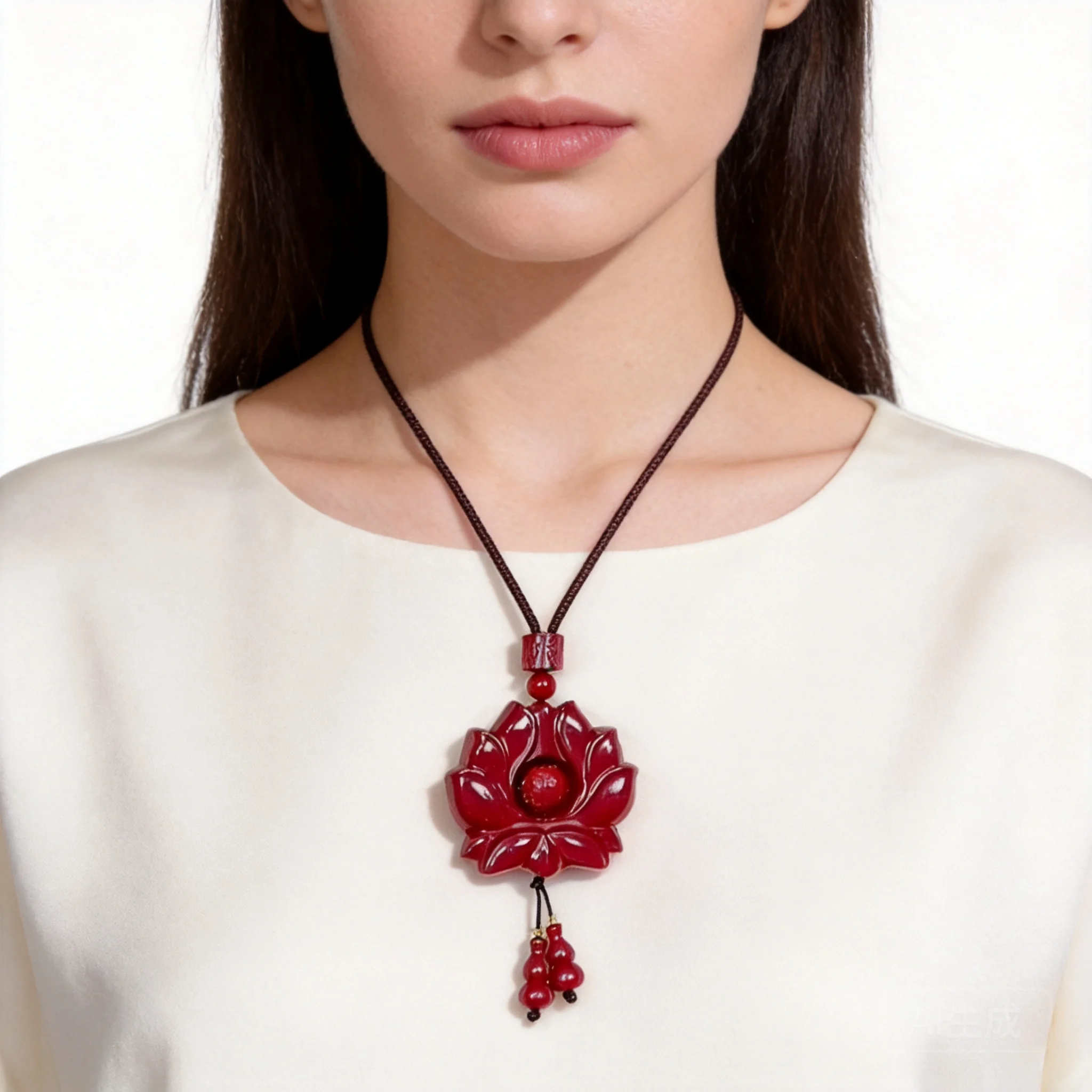 Chinese Style Natural Cinnabar Lotus Pendant Lucky Blessing Wealth Attracting Unisex Benming Year Adjustable Necklace Fashion