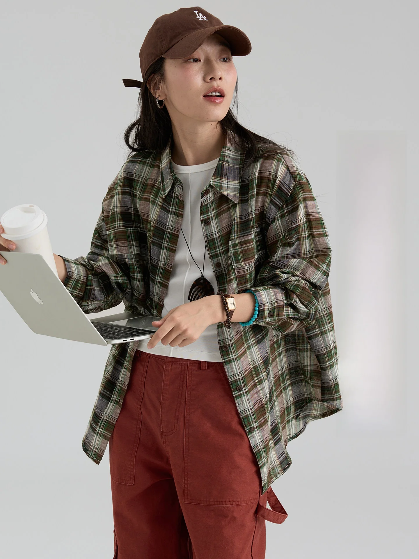 

Dwind Korean Sle Long Sve Loose Casual Plaid Women's irt Spring New Arrival Straight Cut Cotton Polyester Blend