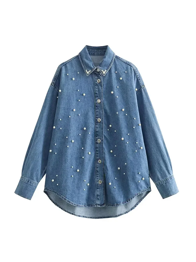 HH TRAF Autumn Women\'s Denim Casual Shirt Fashion Faux Pearl Loose Blouses Button Down Long Sleeve Jean Jacket Versatile Top