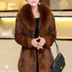 Ladies Luxurious Faux Fur Overcoat Warm Plush Faux Fox Fur Collar Women Plus Size 6XL Coat Autumn Winter Female Party Coat