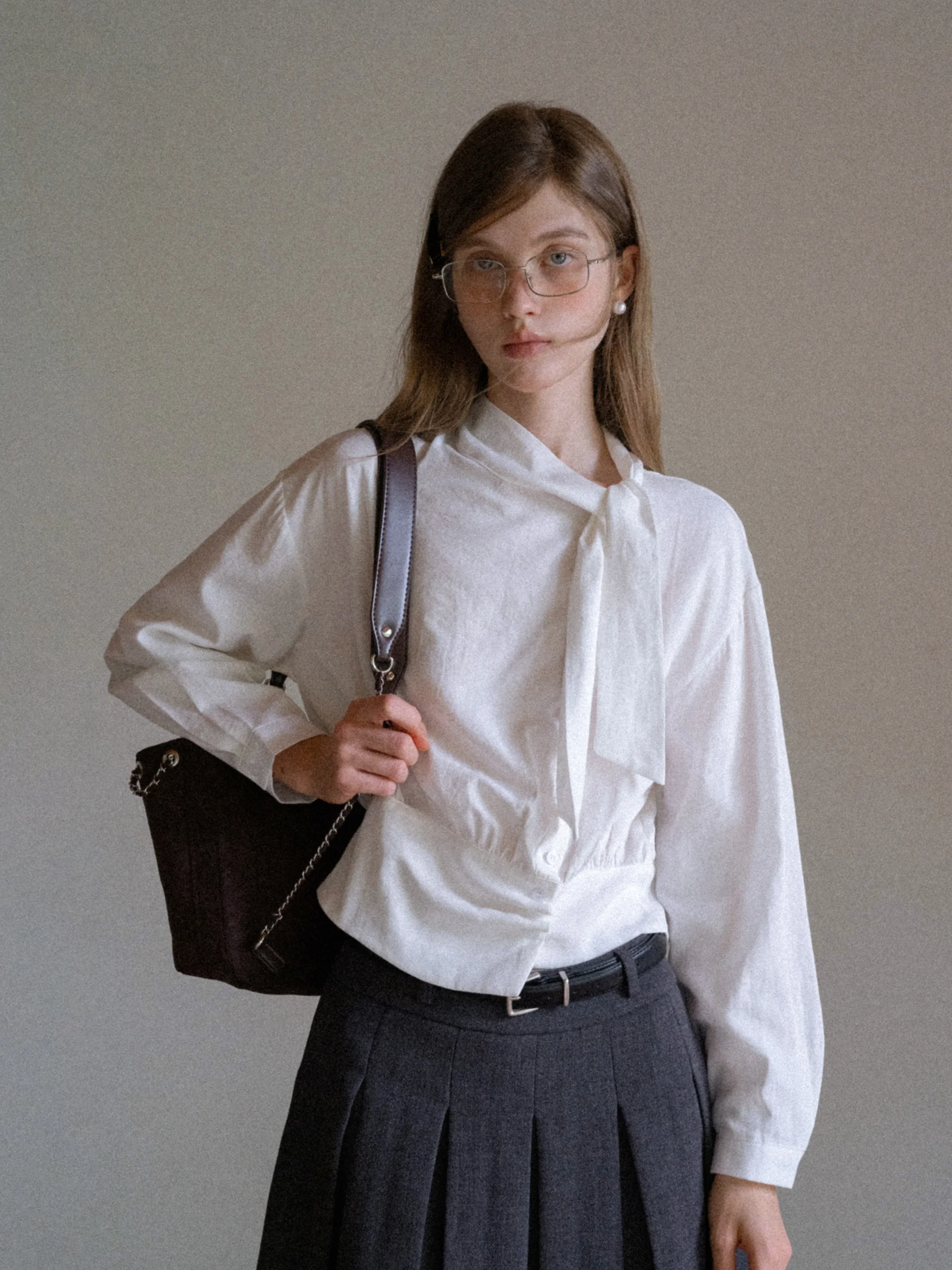 

Белый ort Svel irt EGGKA French Sle Полиэстер Хлопок Смесь Длинный све Воротник-стойка с поясом на талии Infallibit Co...