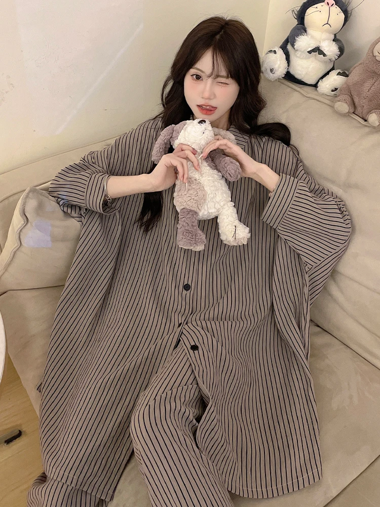 DAIMELU spring and autumn pajamas set women nightgown long-sleeved striped cloud cotton high-end sleepwear lady loungewear suit