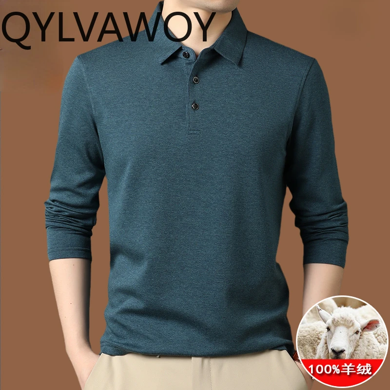 

QYLVAWOY 100% Cashmere Polo T-shirts Men's Long Sleeve Top Spring Autumn Loose Fit Tshirt Business Casual Mens Clothes Homme