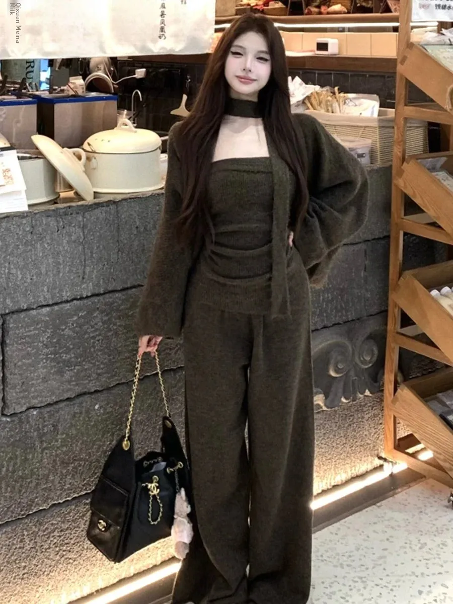 Autumn Winter Soft Cozy Knitted Sweater Jacket Tube Top Vest Casual Long Pants Three Piece Set Comfortable Drapey Pants