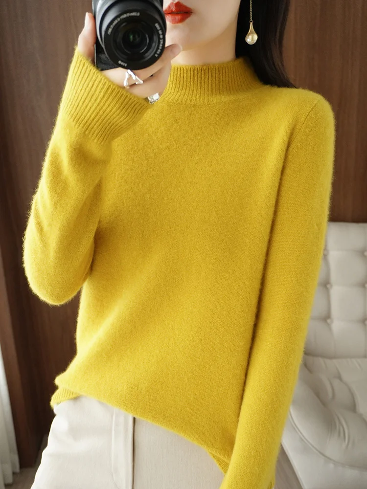 Women Mock Neck Merino Wool Pullover Cashmere Sweater Basic Knitwear Long Sleeve Clothing Soft Comfort Autumn Winter Cloth Tops