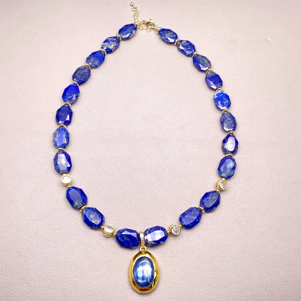 Natural Faceted Lapis Lazuli Bead Chain Necklace Gold‑plated Oval Kyanite Pendant Choker CZ Accent Boho Statement Necklaces