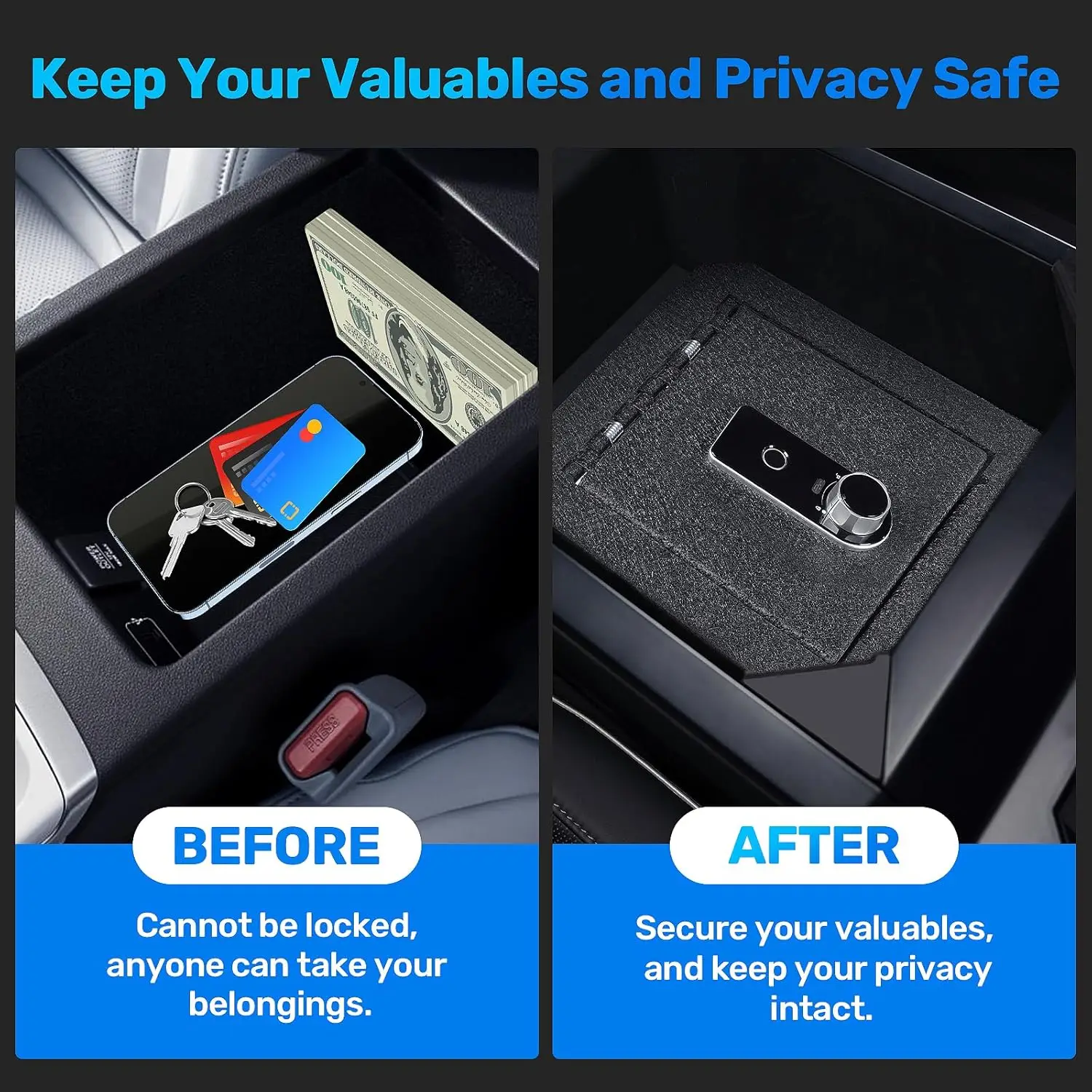 Fingerprint Center Console Safe Lock Box for Telsa Cybertruck 2024 2025,Carbon Steel Pickup Gun Safe Vault Console Storage Inter