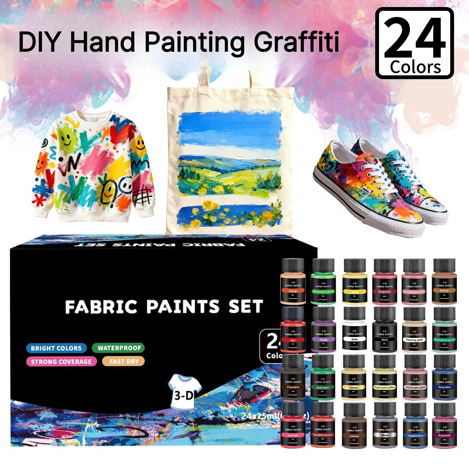 12/24 Colors Fabric Paint Set25ml Wash-resistant Textile Pigment with Brushes Palette DIY Painting for Clothing Canvas Shoes