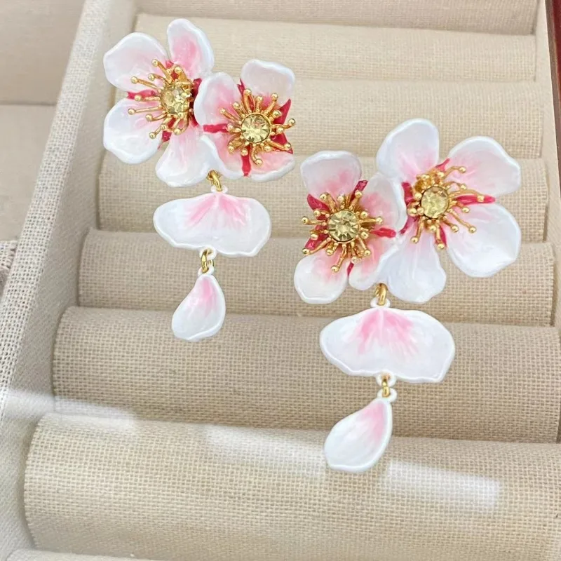 New Bohemia Style Sweet Cute Cherry Blossoms White Drip Oil Flower Petal Tassels Rural Series Valentines Day Earrings for Women