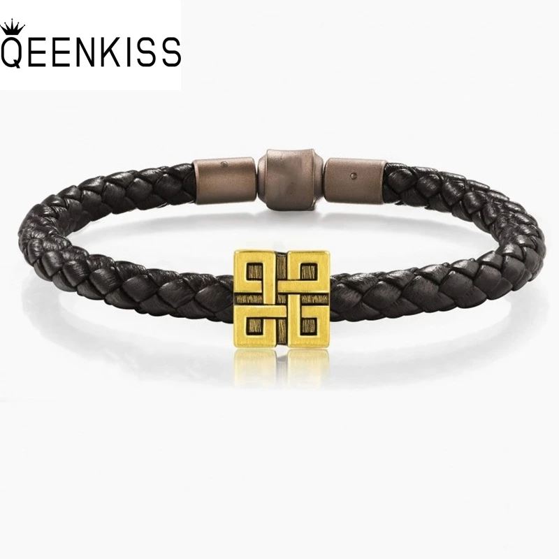 

QEENKISS Vintage Gold Square Leather Bracelet Bangle for Women Men Birthday Wedding Party Christmas Groom Boy Father Gift BT6186
