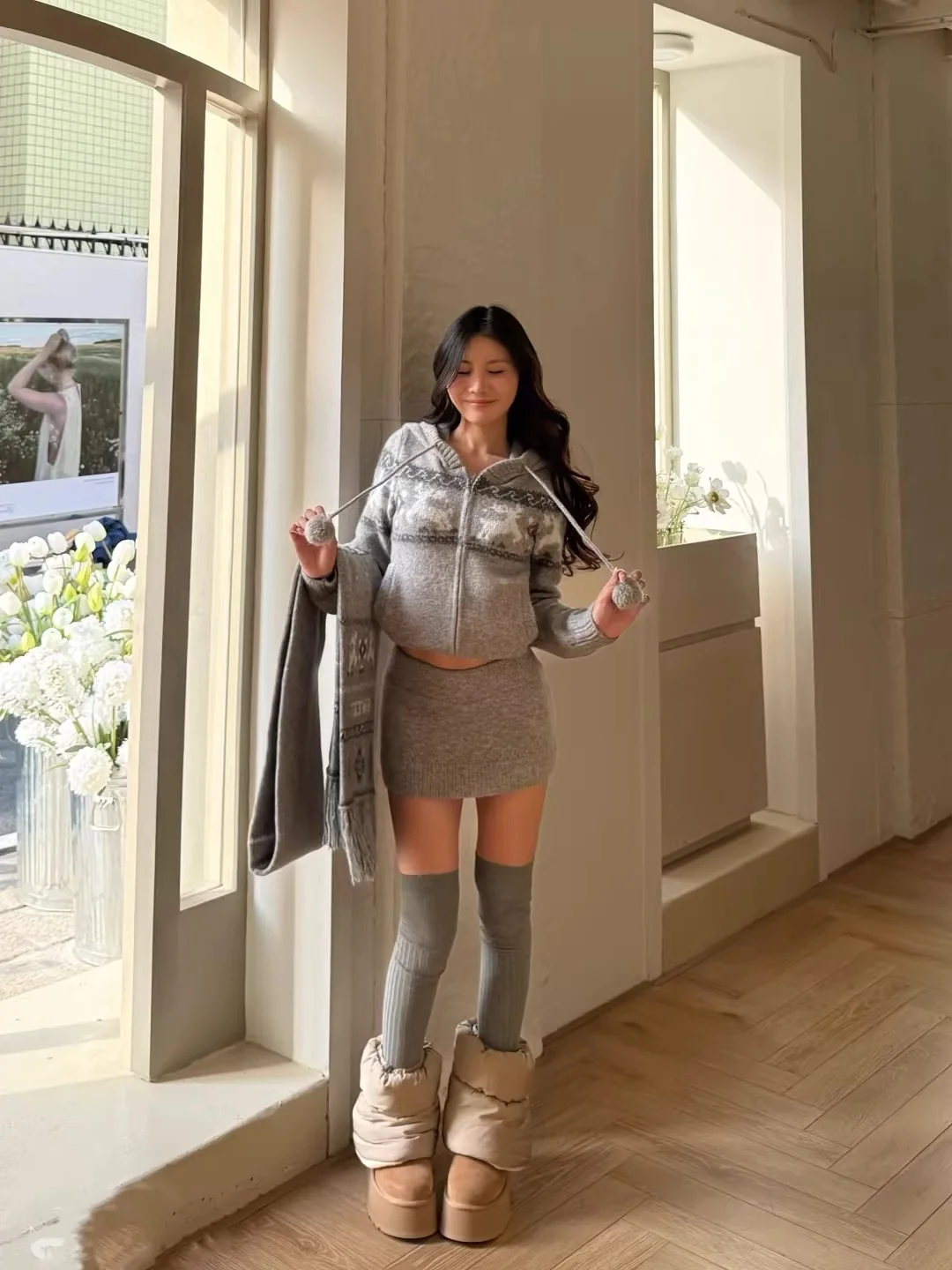 

Gray Fair Isle Deer Pattern Knitted Hat Sweater Cardigan Women's Short Skirt Two-Piece Set Autumn Winter Casual Loose Fit